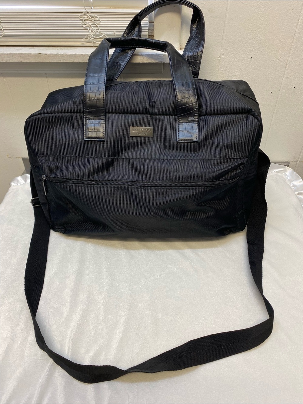 Jimmy Choo Parfums black nylon duffel travel bag with faux croc-embossed handles
